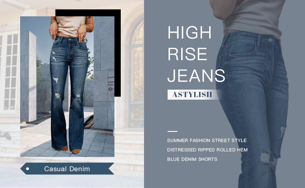 European And American High Waist Slim Denim Washed Pants