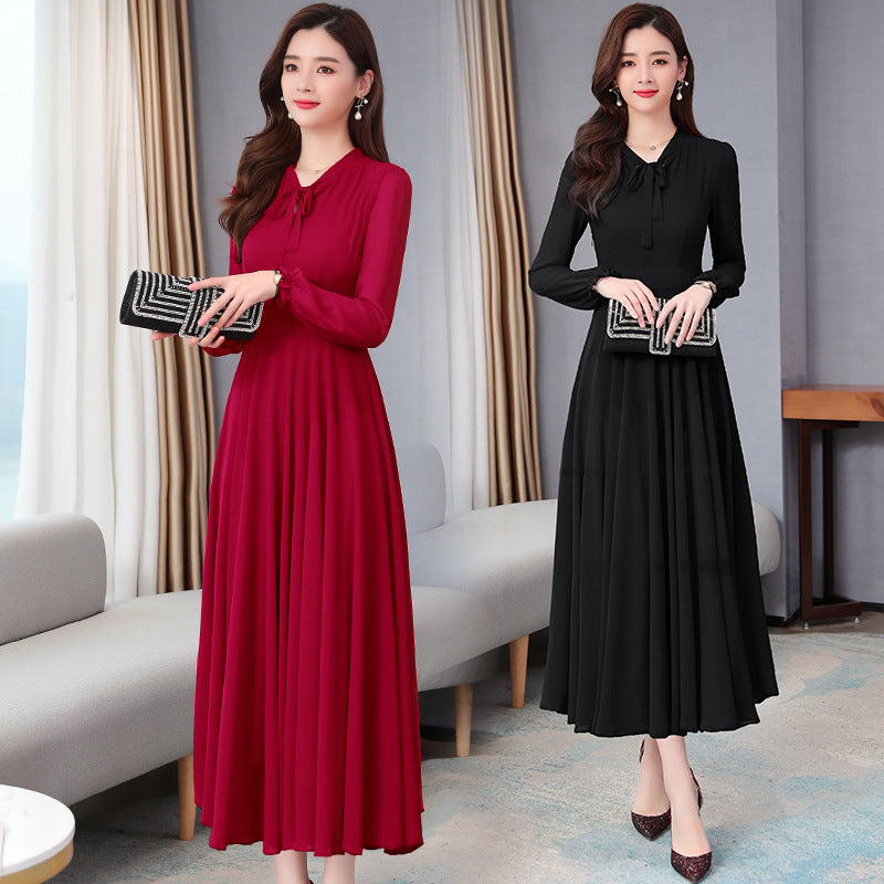 Long sleeve chiffon solid color dress