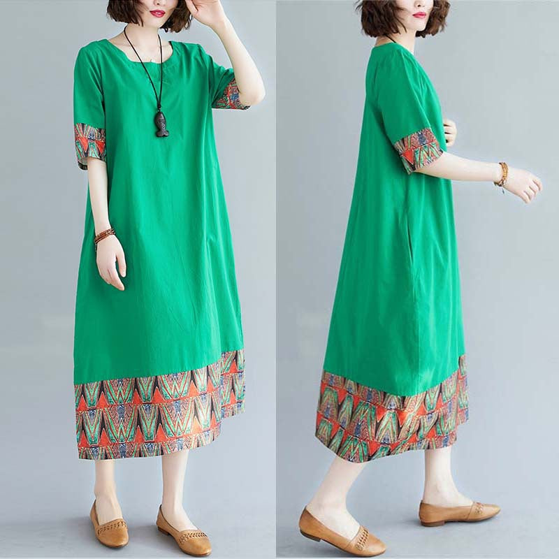 Ethnic Style Loose Stitching Printed Cotton And Linen Round Neck Short-Sleeved