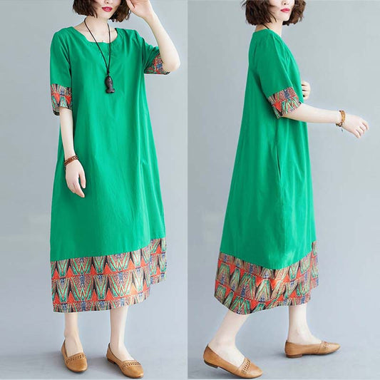 Ethnic Style Loose Stitching Printed Cotton And Linen Round Neck Short-Sleeved