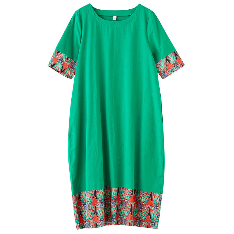 Ethnic Style Loose Stitching Printed Cotton And Linen Round Neck Short-Sleeved