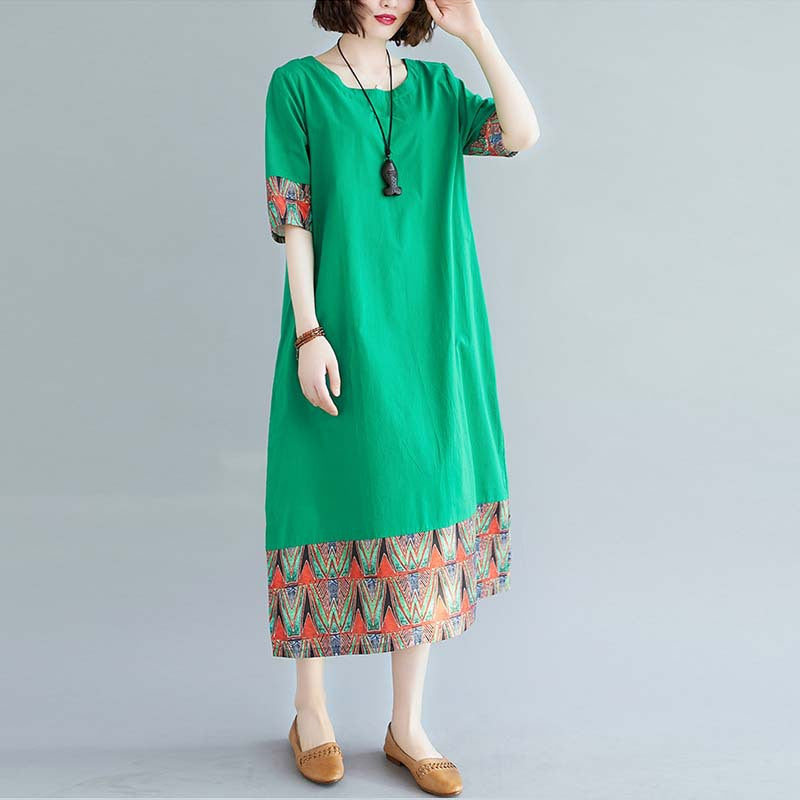 Ethnic Style Loose Stitching Printed Cotton And Linen Round Neck Short-Sleeved