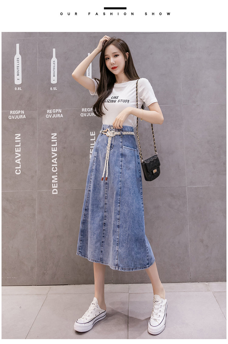 Chic French Loose Denim Skirt Casual Slim Literary A-line Skirt Mid-length Skirt