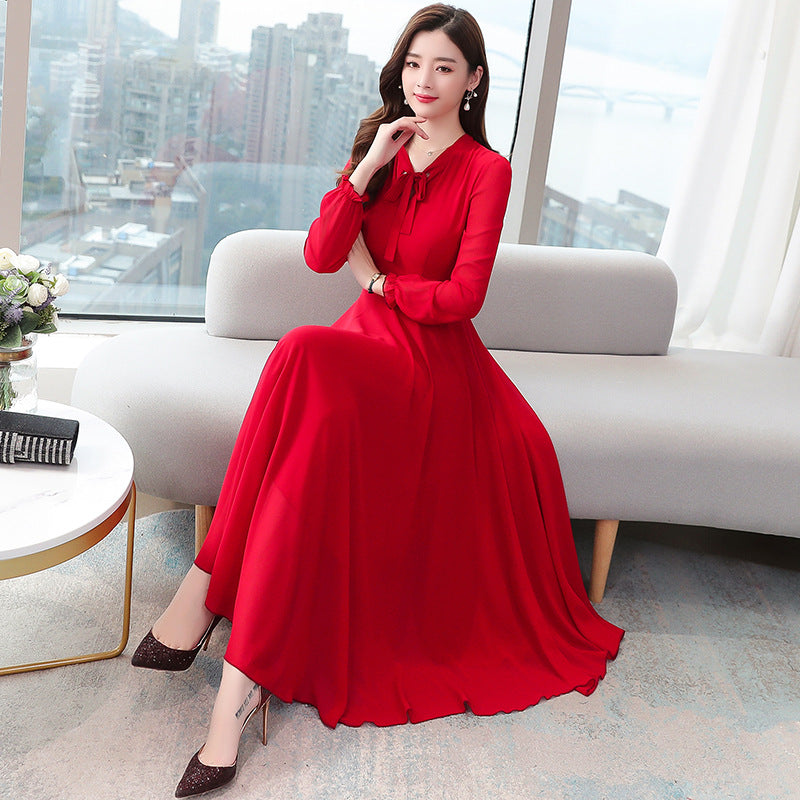 Long sleeve chiffon solid color dress