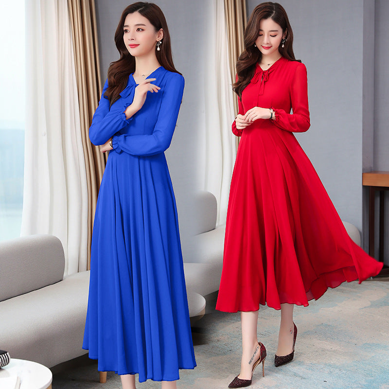 Long sleeve chiffon solid color dress