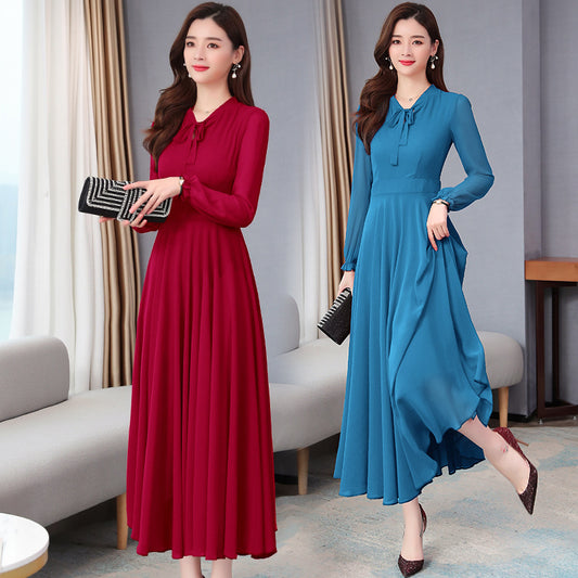 Long sleeve chiffon solid color dress