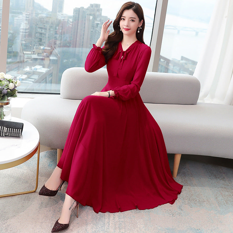 Long sleeve chiffon solid color dress