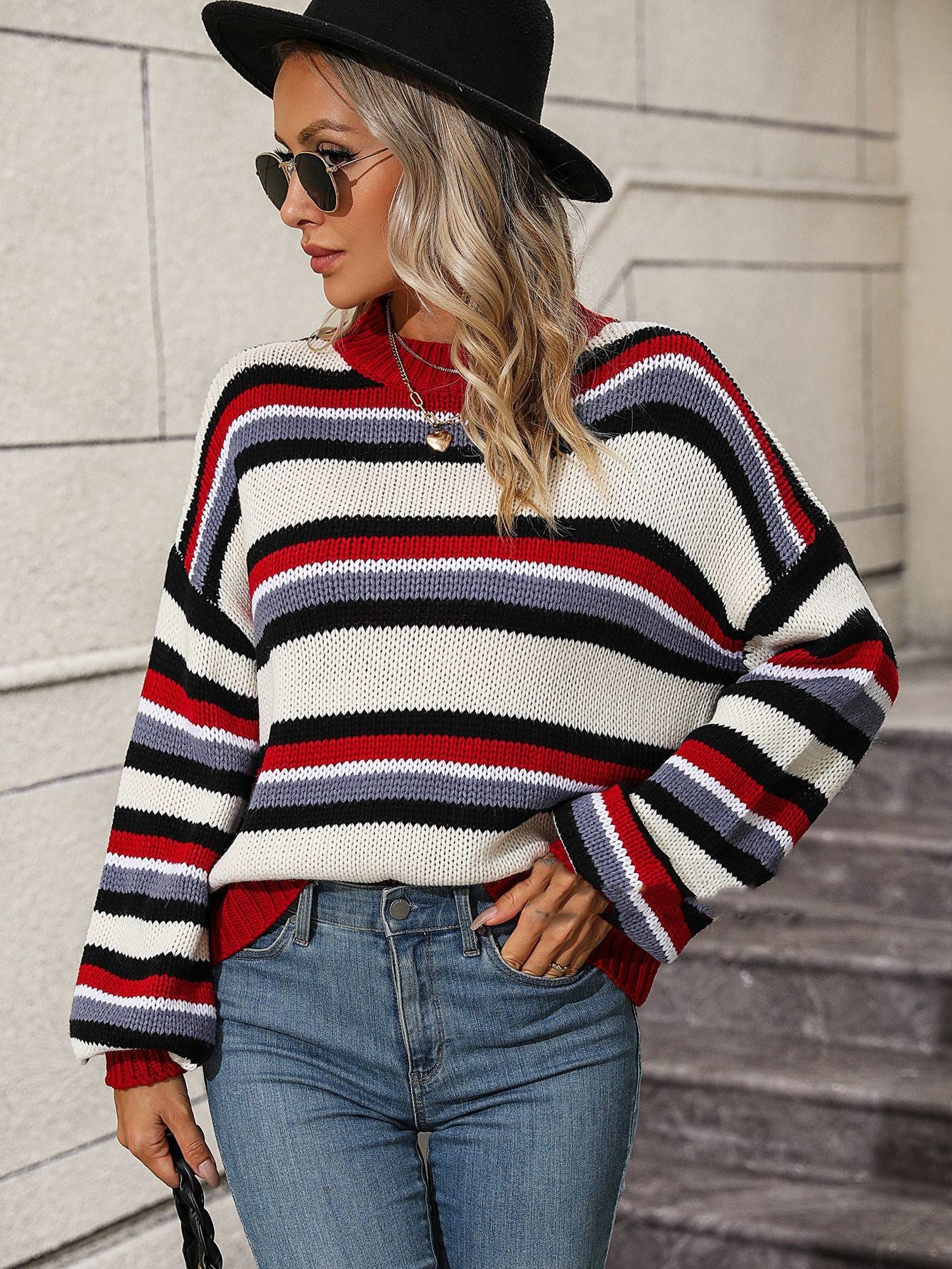 Women's Loose Round Neck Striped Sweater