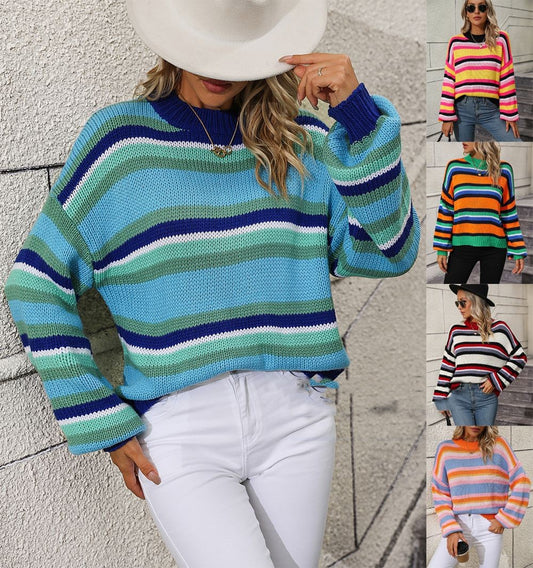 Women's Loose Round Neck Striped Sweater