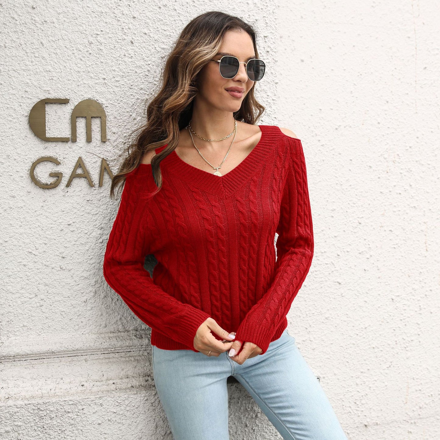 Twist Off-the-shoulder V-neck Sweater Loose Autumn And Winter Long Sleeve Sweater