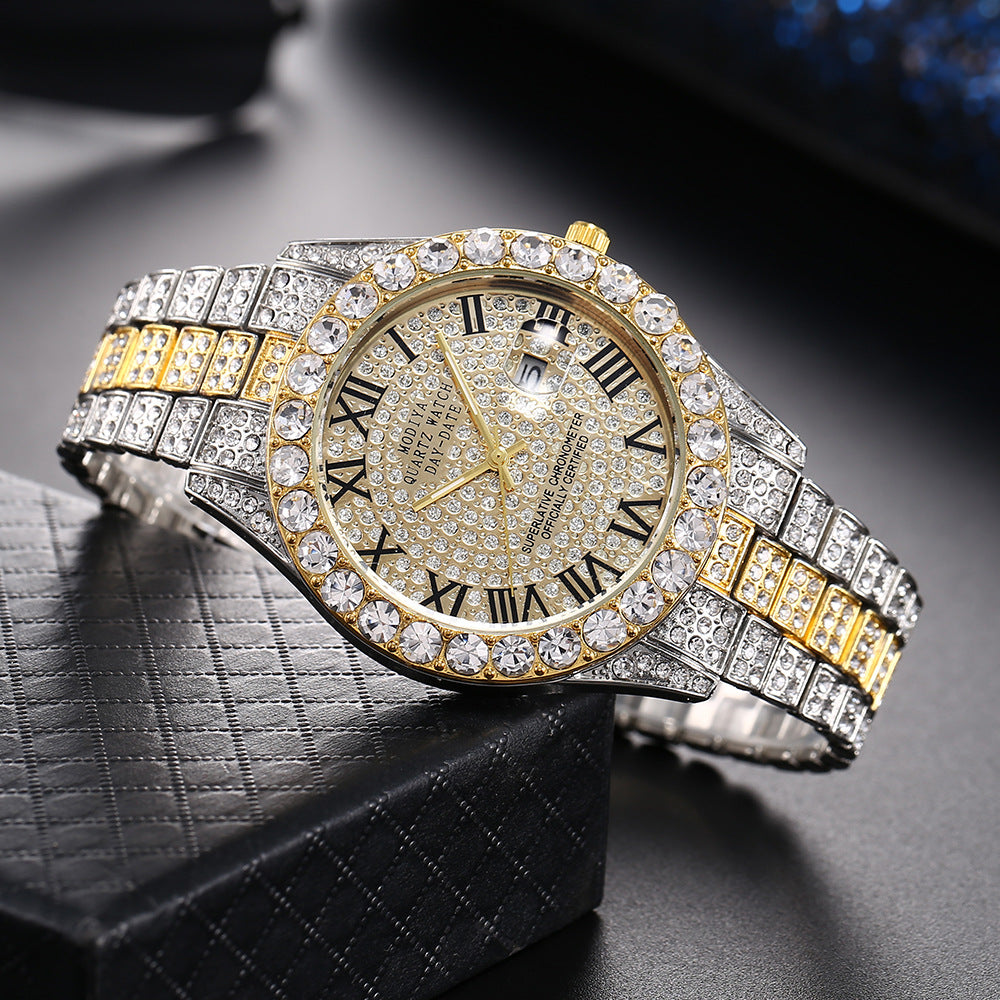 Full Diamond Surface Roman Scale Alloy Steel Belt Watch