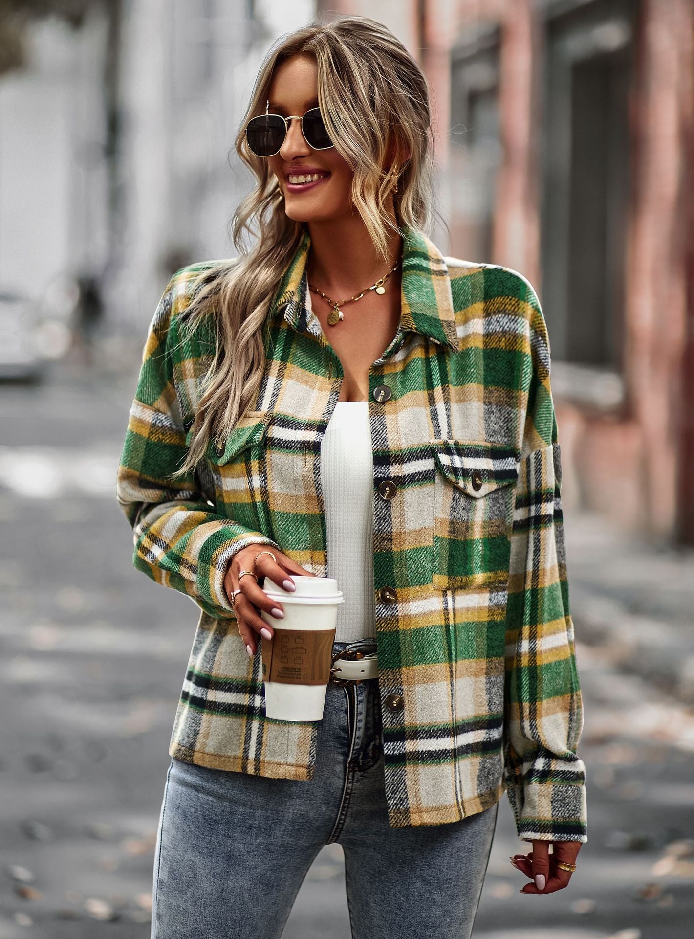 Women's Fashion Casual Temperament Plaid Shirt Coat