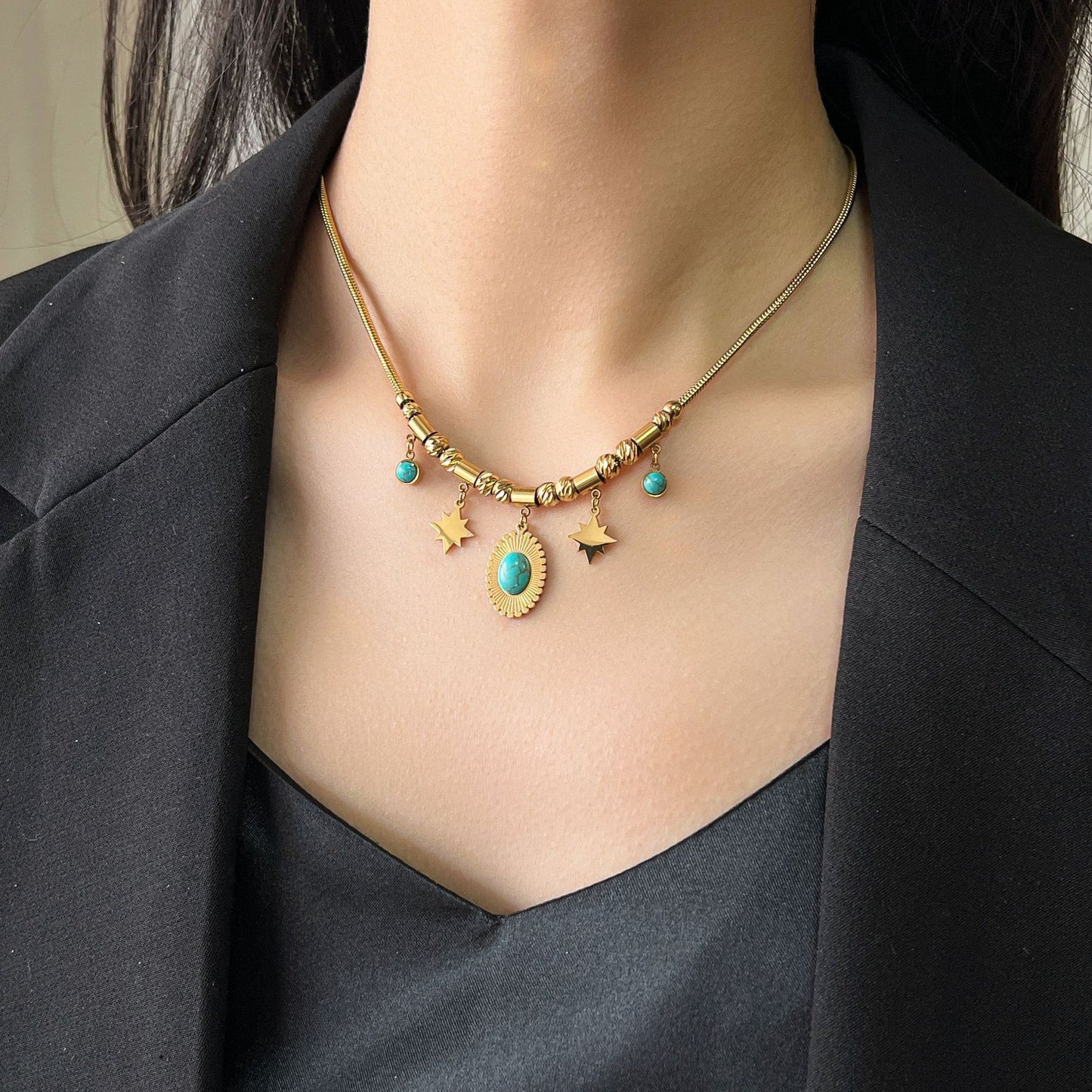 Roman Turquoise Stainless Steel Necklace-18K Gold-plated