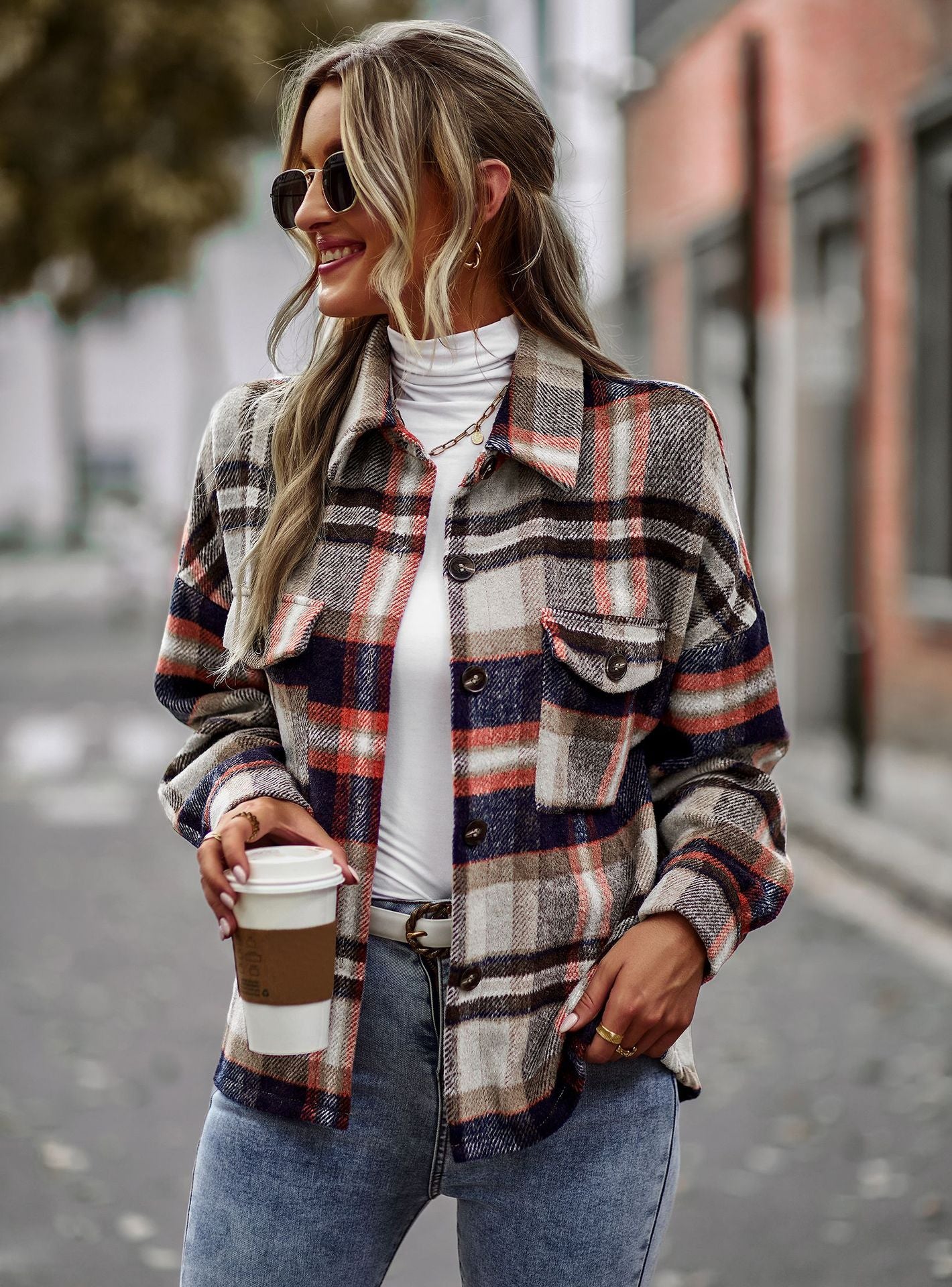 Women's Fashion Casual Temperament Plaid Shirt Coat