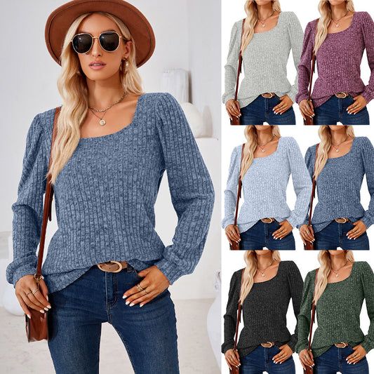 Square Collar Solid Color Rib Fabric Loose Long-sleeved T-shirt Top For Women