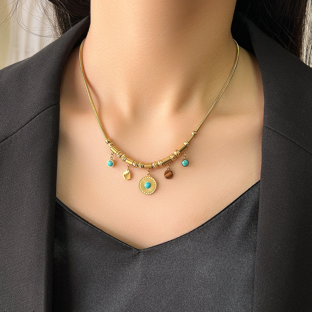 Roman Turquoise Stainless Steel Necklace-18K Gold-plated