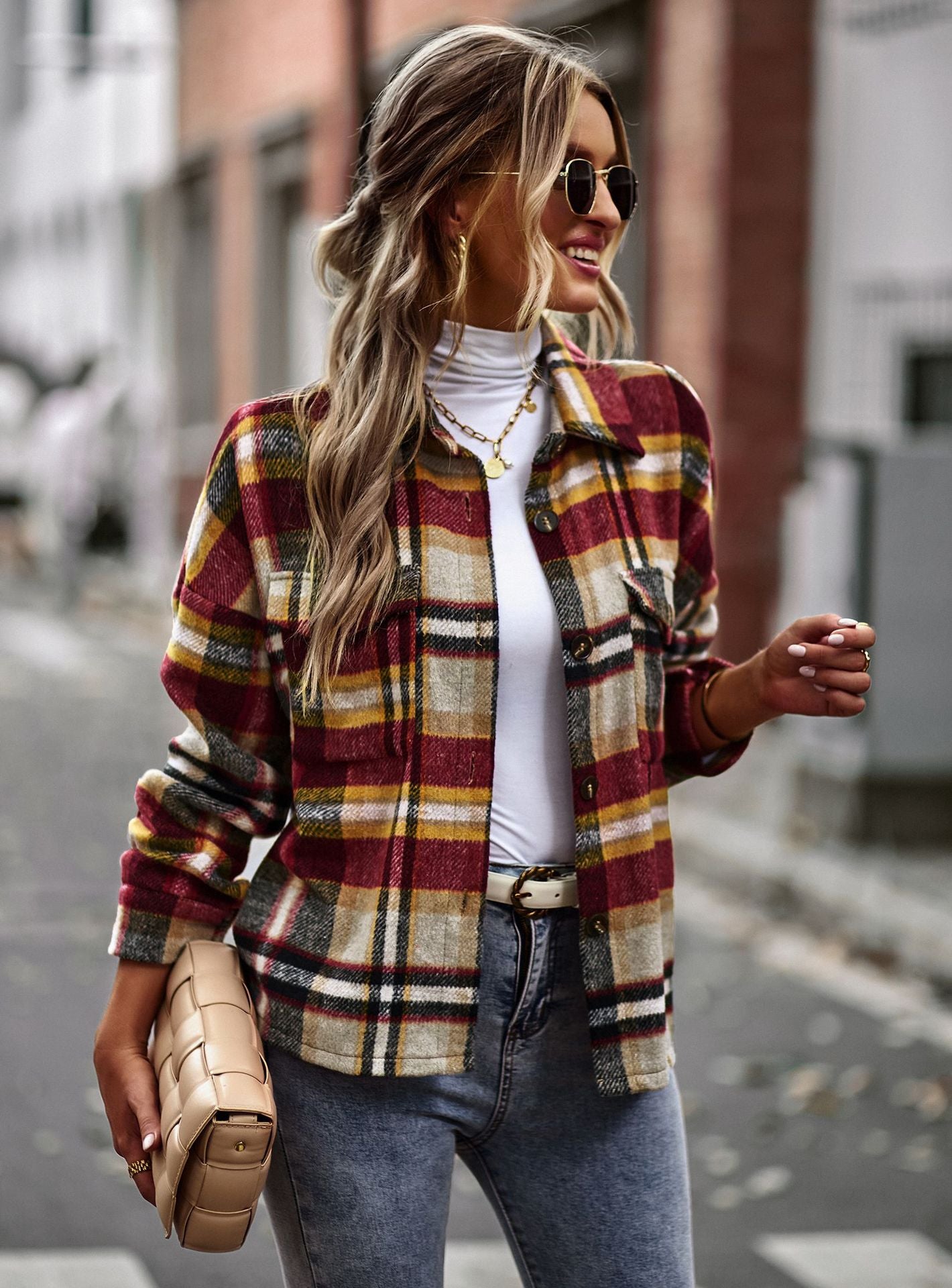 Women's Fashion Casual Temperament Plaid Shirt Coat