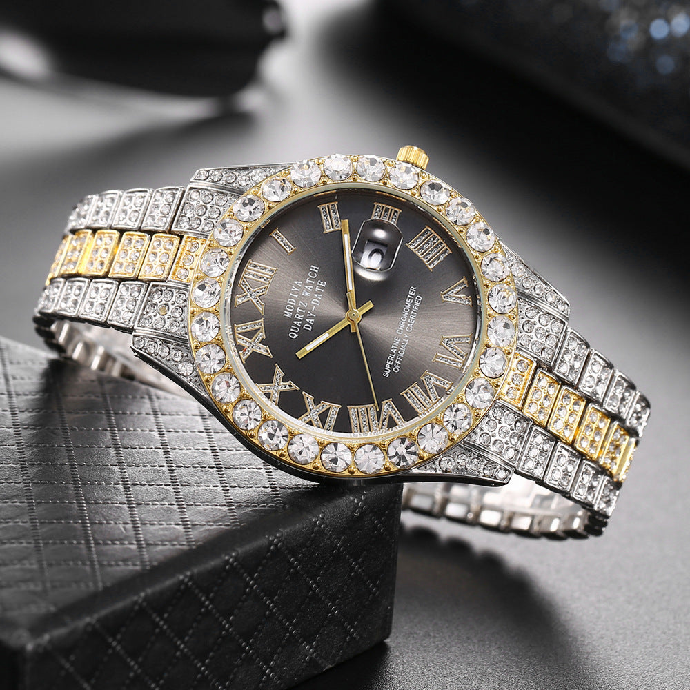 Full Diamond Surface Roman Scale Alloy Steel Belt Watch