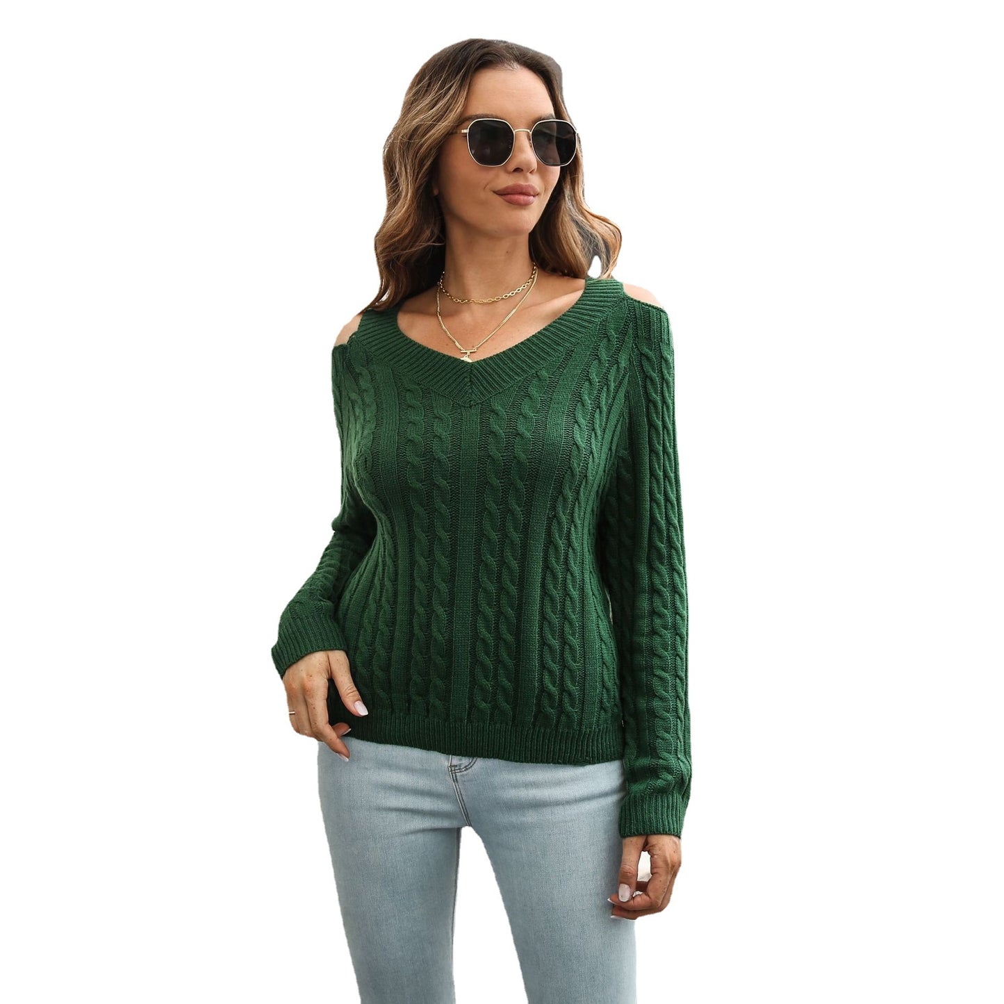 Twist Off-the-shoulder V-neck Sweater Loose Autumn And Winter Long Sleeve Sweater