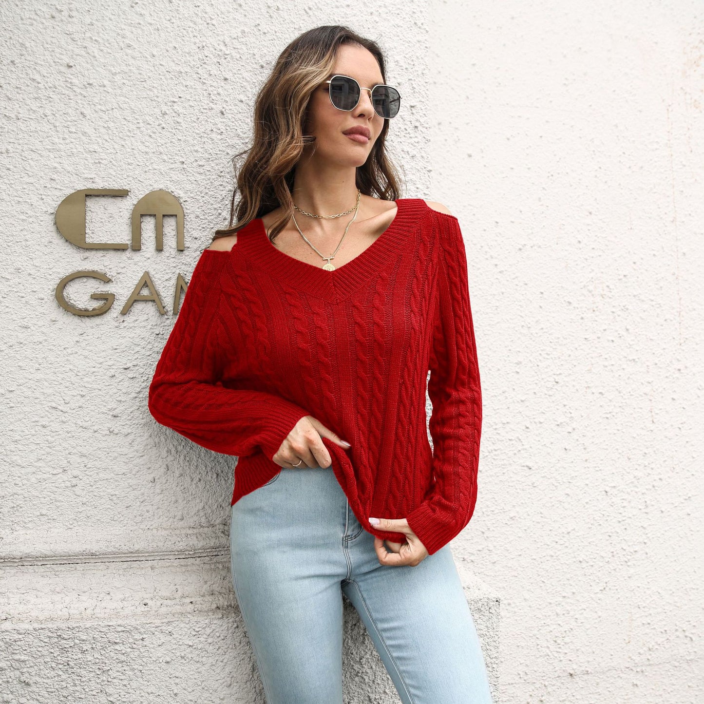 Twist Off-the-shoulder V-neck Sweater Loose Autumn And Winter Long Sleeve Sweater