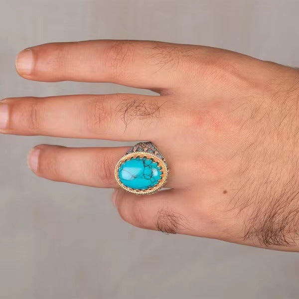 Men's Electroplated Two-color Inlaid Turquoise Ring