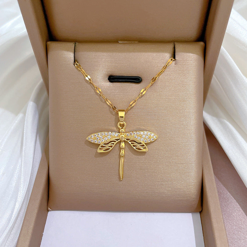 Gold necklace with dragonfly inlay