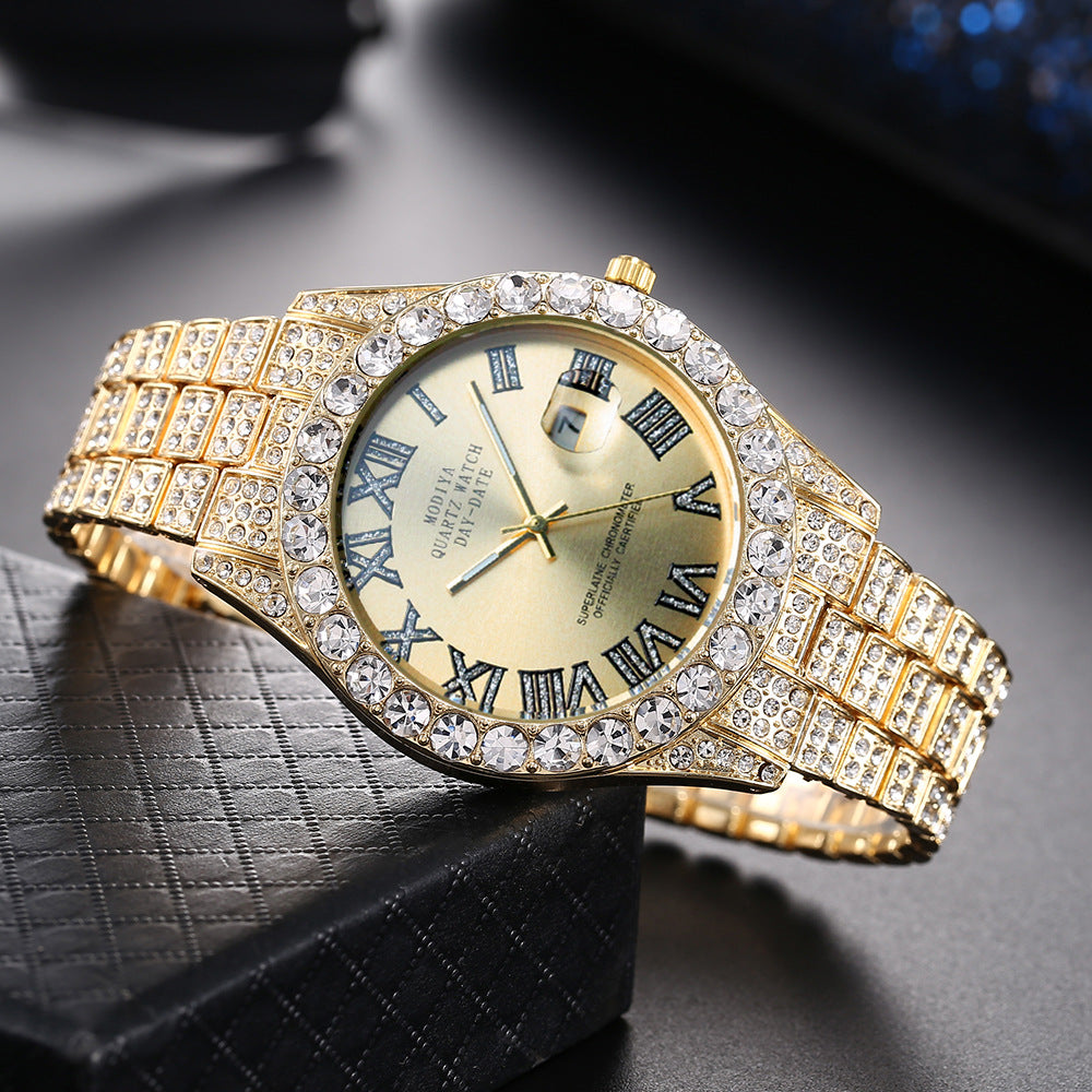 Full Diamond Surface Roman Scale Alloy Steel Belt Watch