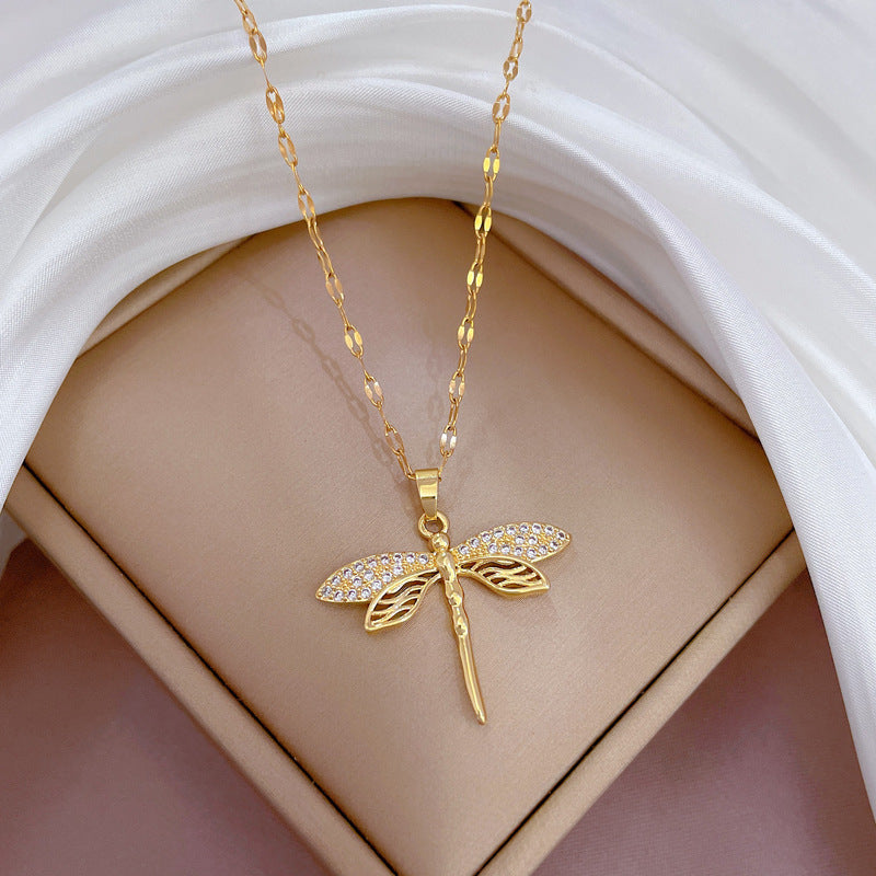 Gold necklace with dragonfly inlay