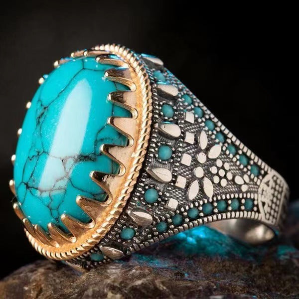 Men's Electroplated Two-color Inlaid Turquoise Ring