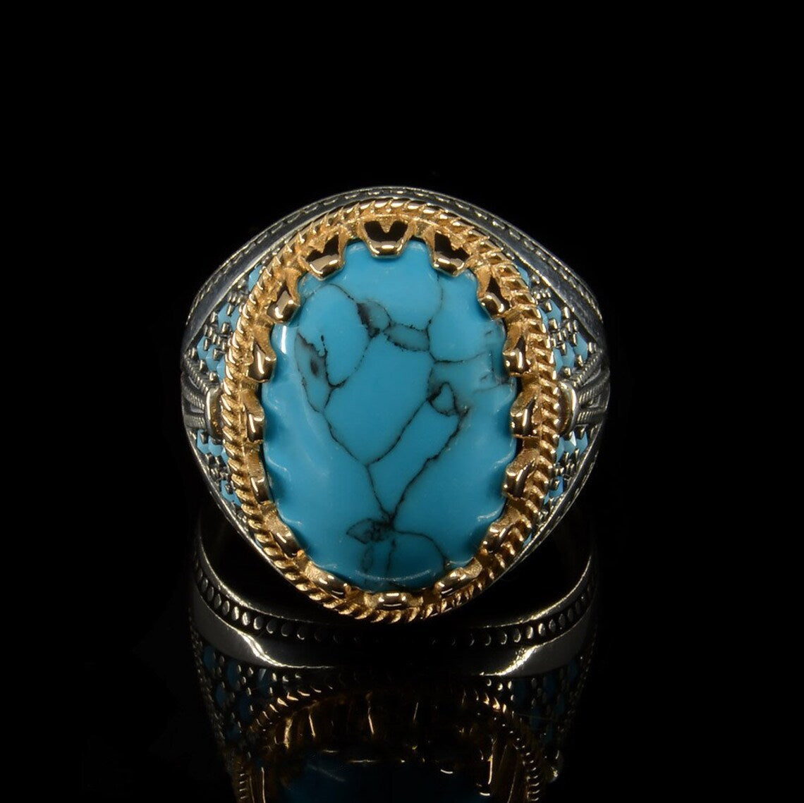 Men's Electroplated Two-color Inlaid Turquoise Ring