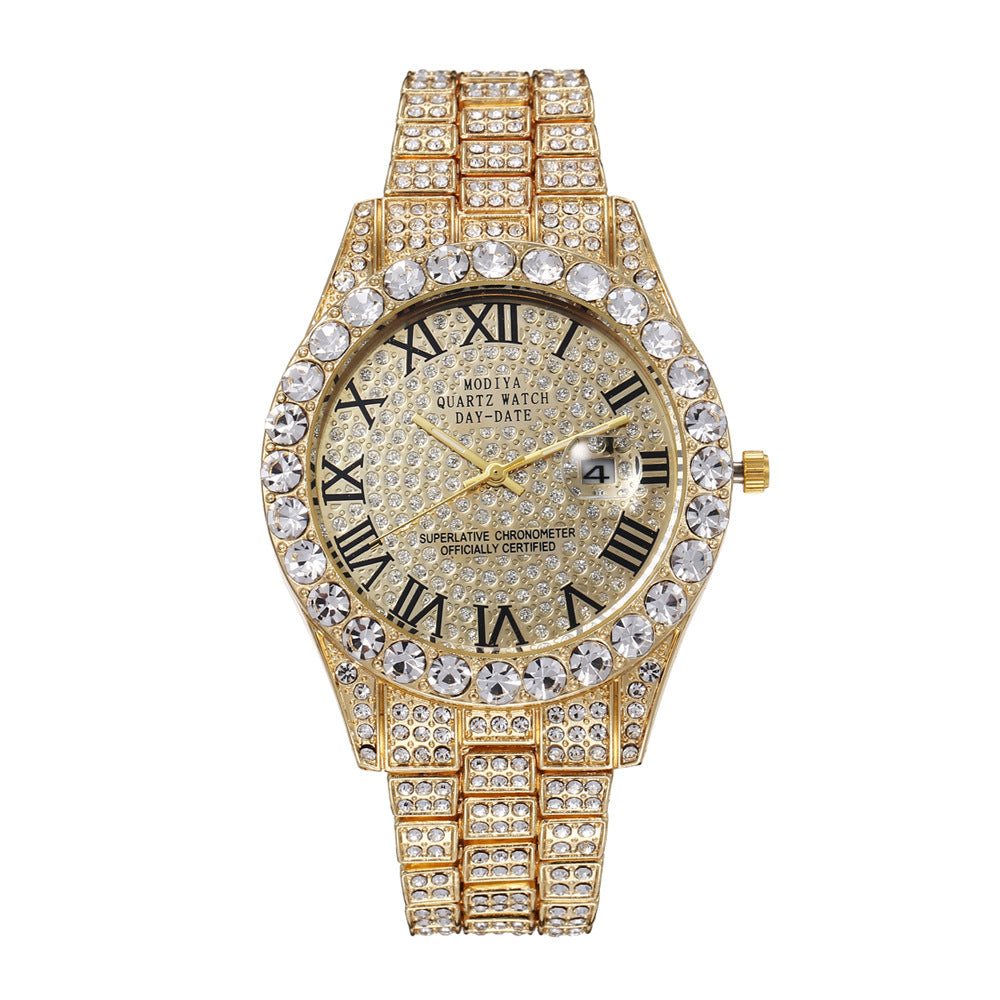 Full Diamond Surface Roman Scale Alloy Steel Belt Watch