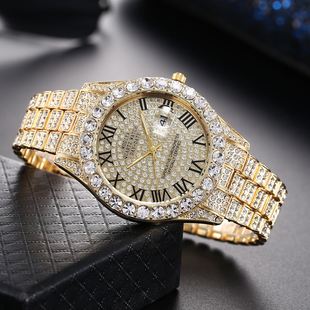 Full Diamond Surface Roman Scale Alloy Steel Belt Watch