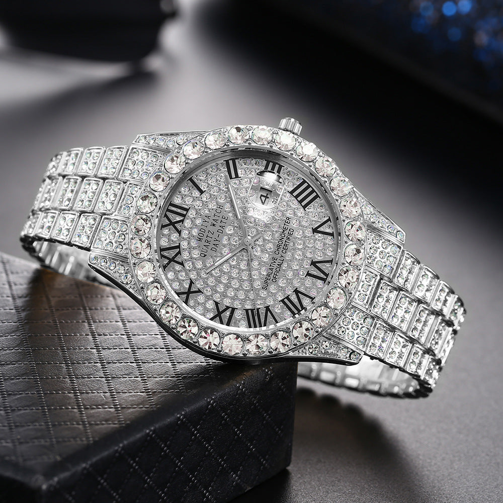 Full Diamond Surface Roman Scale Alloy Steel Belt Watch